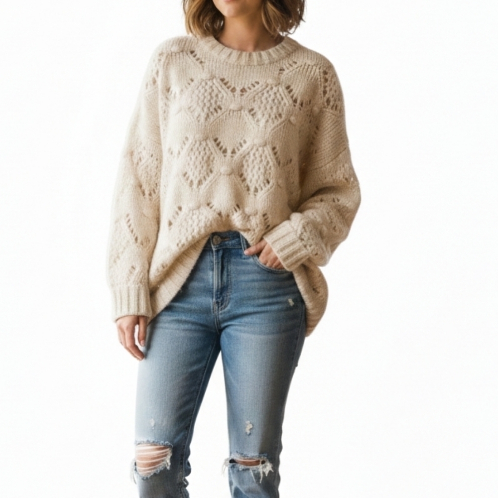American Eagle Cream Oversized Chunky Open Knit Wool Blend Sweater - Size Medium